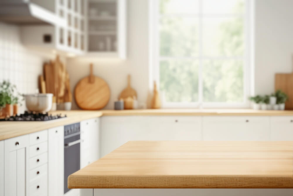 Modern kitchen ideas - Wood table top on blurred kitchen background